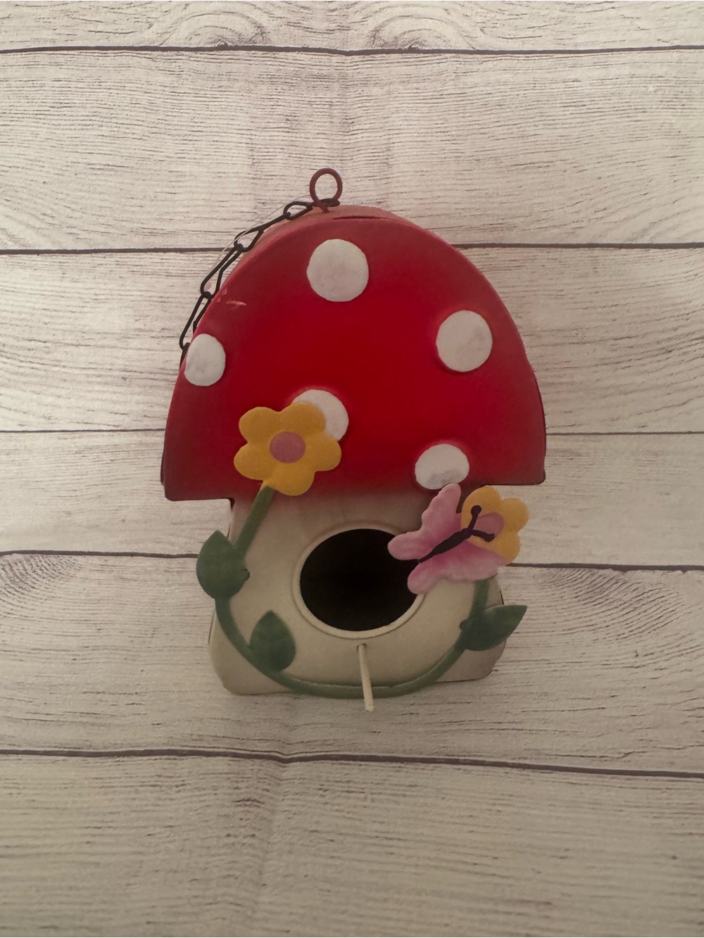 Red Mushroom Birdhouse with Floral Accents - Home Accents